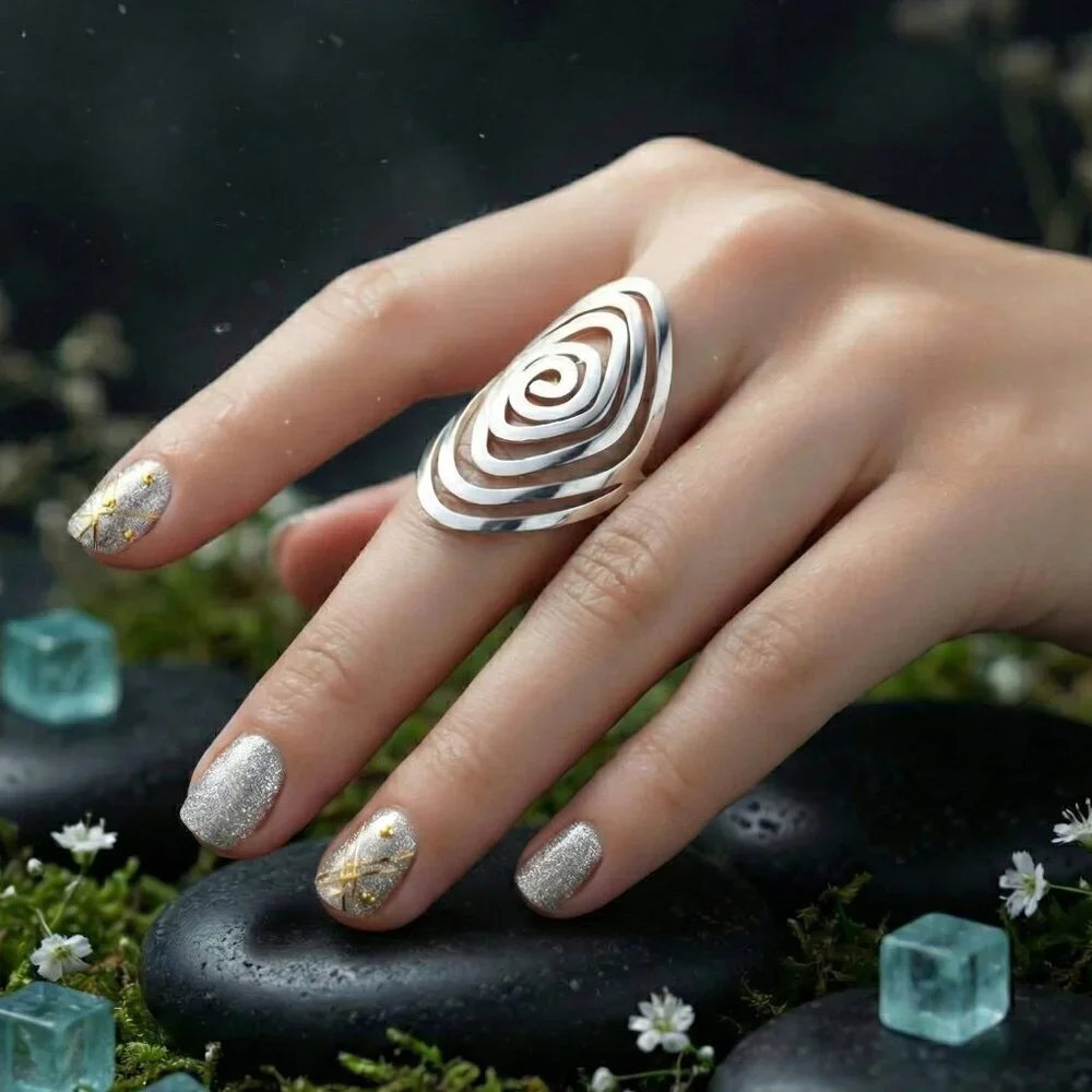 Stainless Steel Spiral Swirl Adjustable Ring Whimsigoth Witchy Boho Sz 8-10